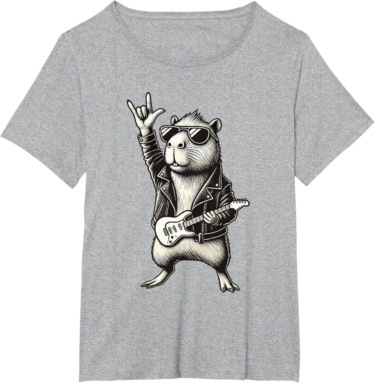 Rock Music & Heavy Metal, Capybara Rocker & Rock Hand Guitar T-Shirt - Heather Grey