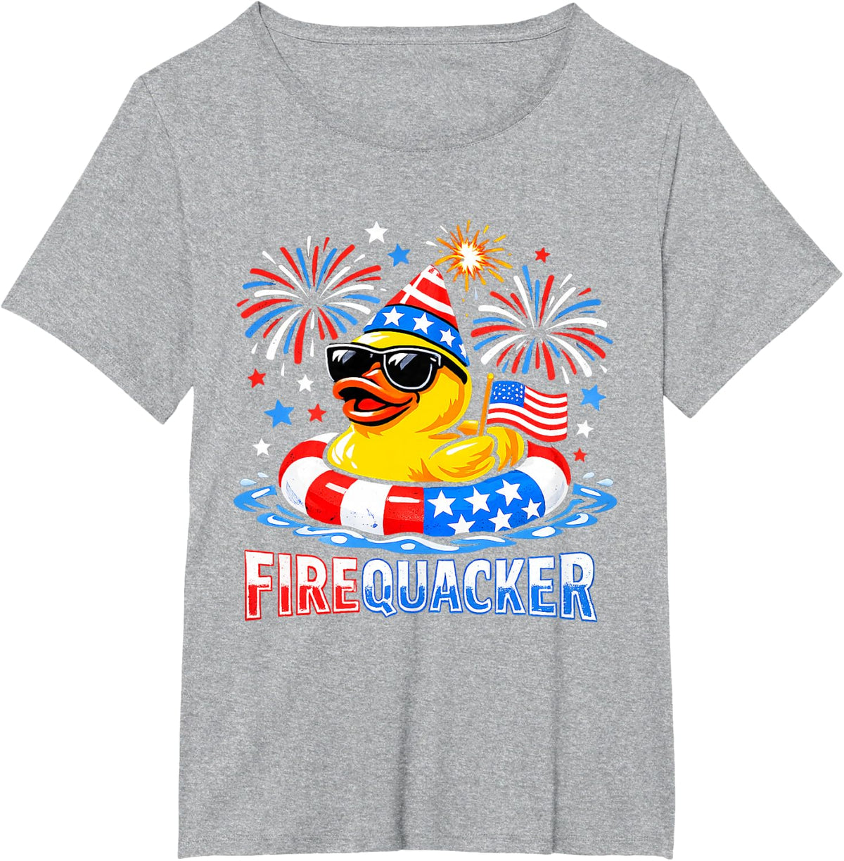 Firequacker Funny 4th of July Patriotic Duck Fireworks T-Shirt - Heather Grey