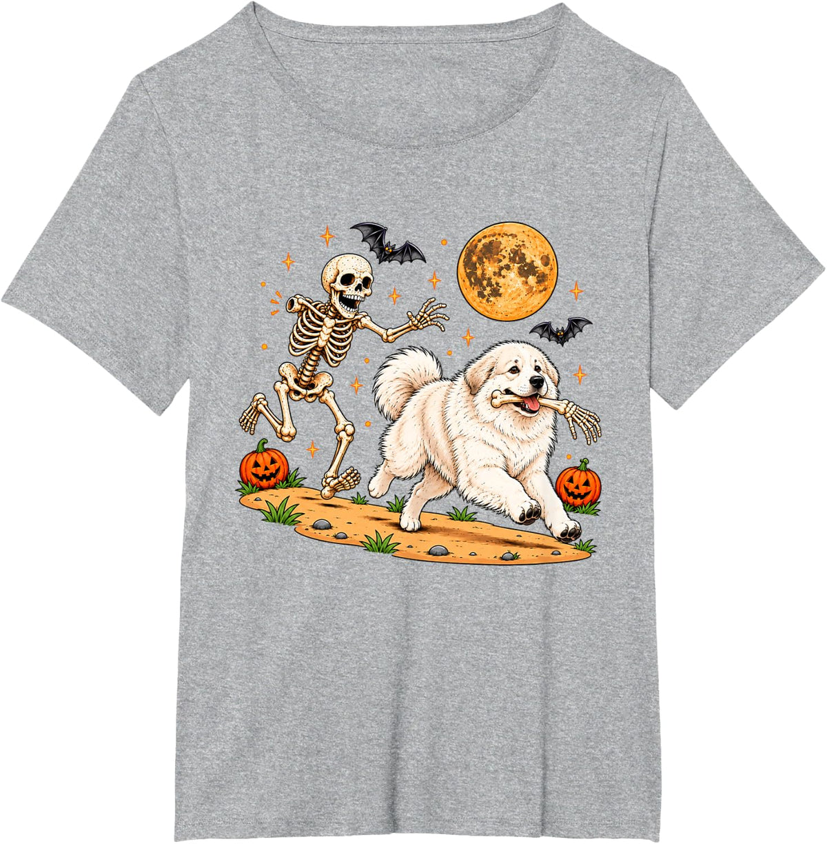 Funny Skeleton Chasing Great Pyrenees Halloween Dog Mom Pet T-Shirt - Heather Grey