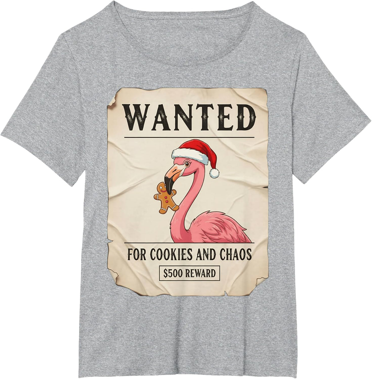 Wanted for Cookies and Chaos Funny Flamingo Christmas Pajama Tee T-Shirt - Heather Grey