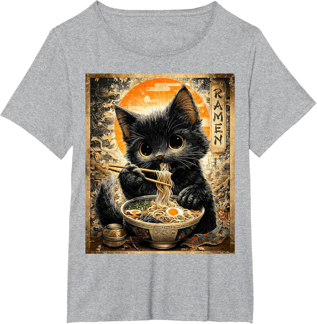 Funny Ramen Cat Noodle Lovers Anime Otaku Tees T-Shirts for Men Women - Heather Grey