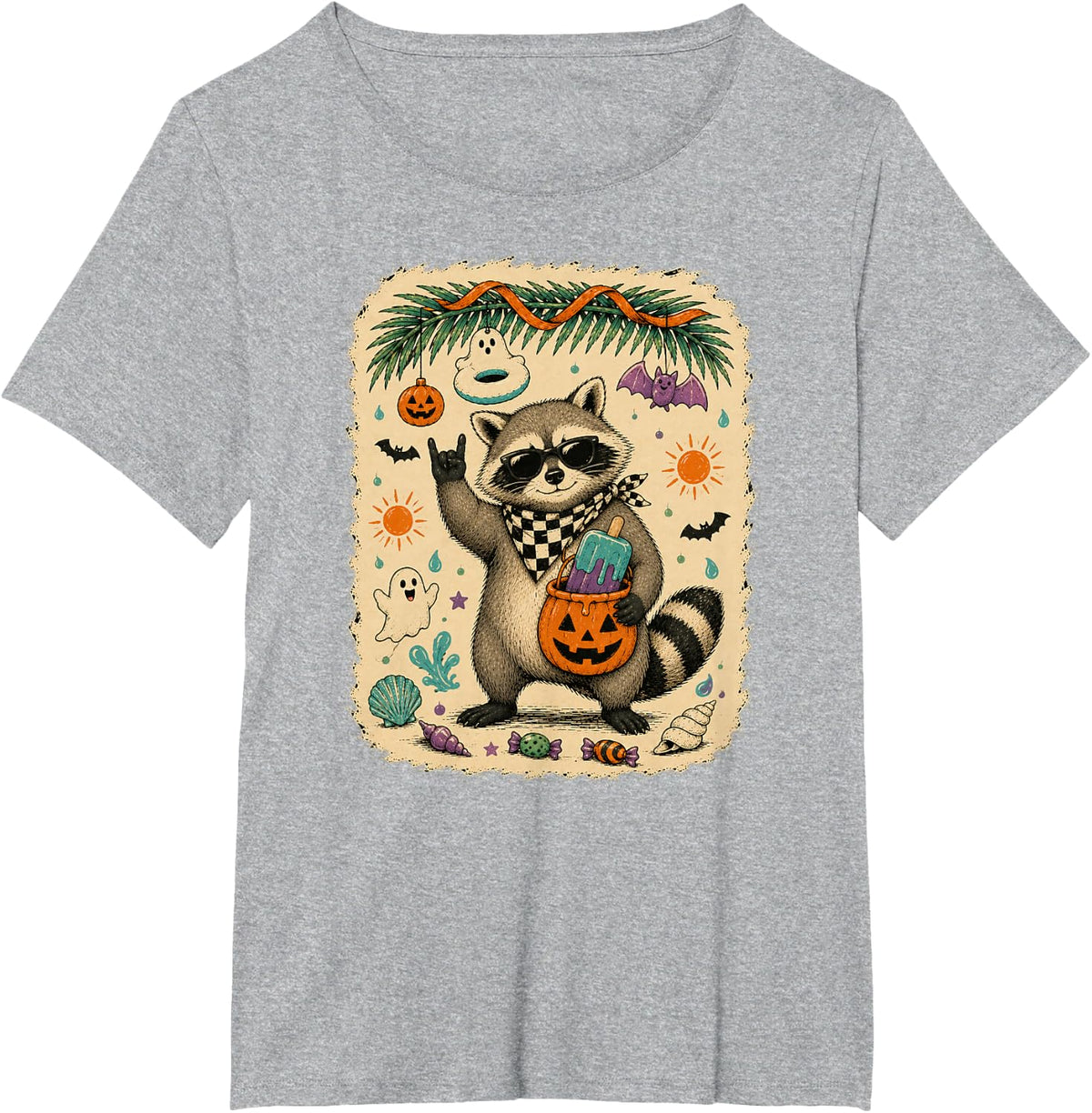 Rocker Raccoon Summerween Funny Trash Panda Spooky Beach T-Shirt - Heather Grey
