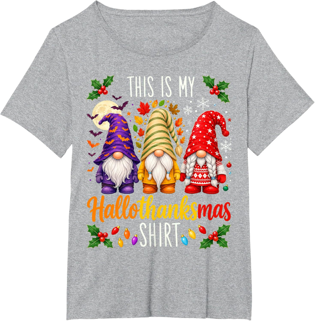 Halloween Thanksgiving Christmas Funny Hallothankmas Gnomes T-Shirt - Heather Grey