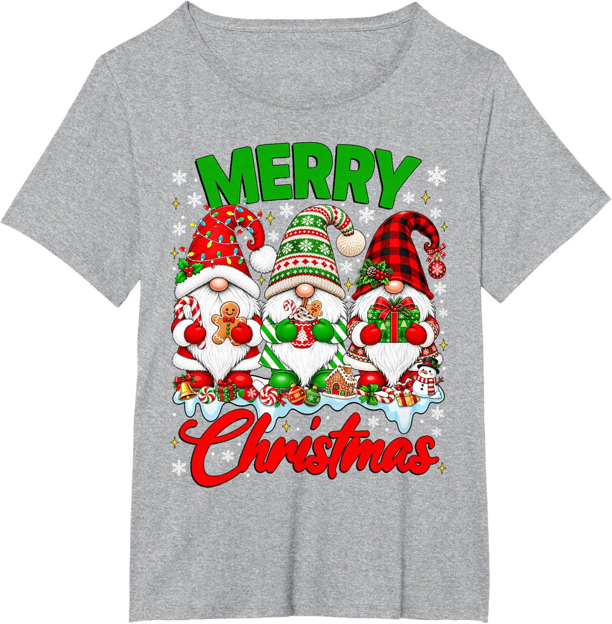 Three Christmas Gnomes Buffalo Plaid Red Merry Xmas Family T-Shirt - Heather Grey