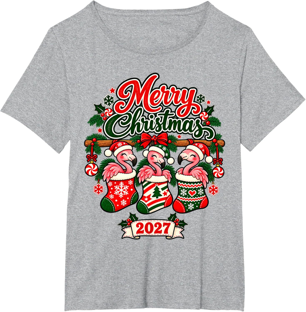 Merry Christmas 2027 Happy Flamingo in Stockings Men Women T-Shirt - Heather Grey