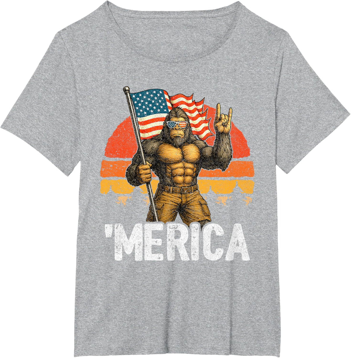 Bigfoot Merica American Flag - Funny Patriotic 4th of July T-Shirt - Heather Grey