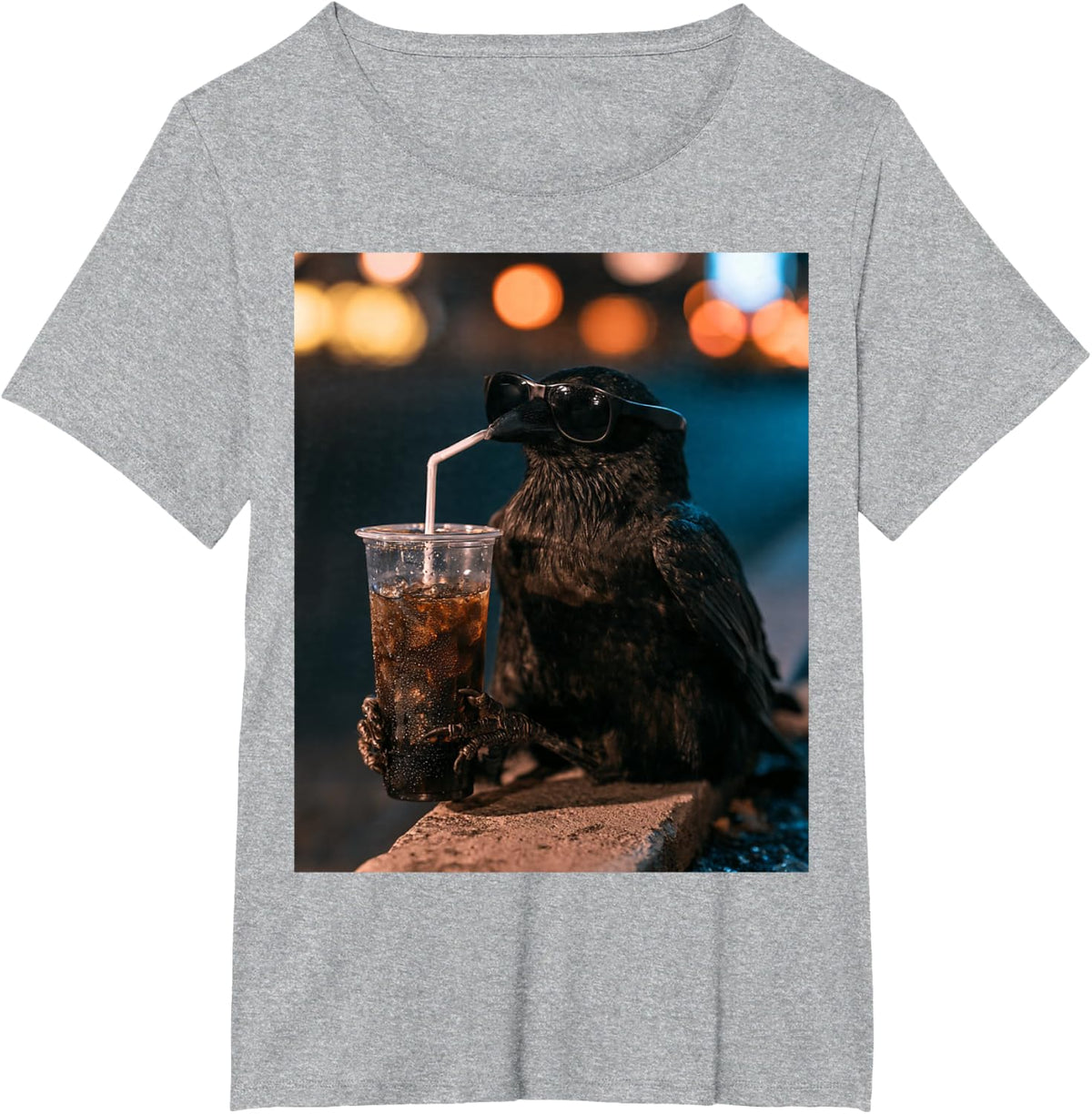 Crow Drinking Iced Coffee Wearing Sunglasses Meme T-Shirt - Heather Grey