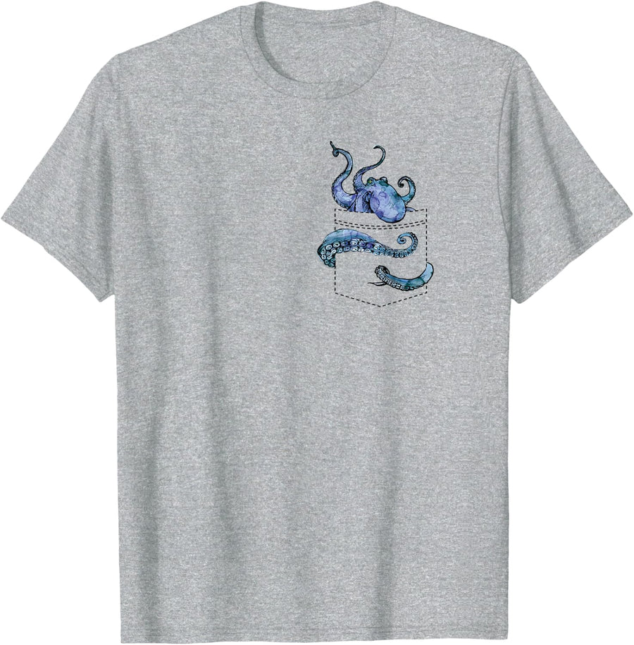 Cute Octopus Peeking Out of Pocket Graphic T-Shirt - Heather Grey