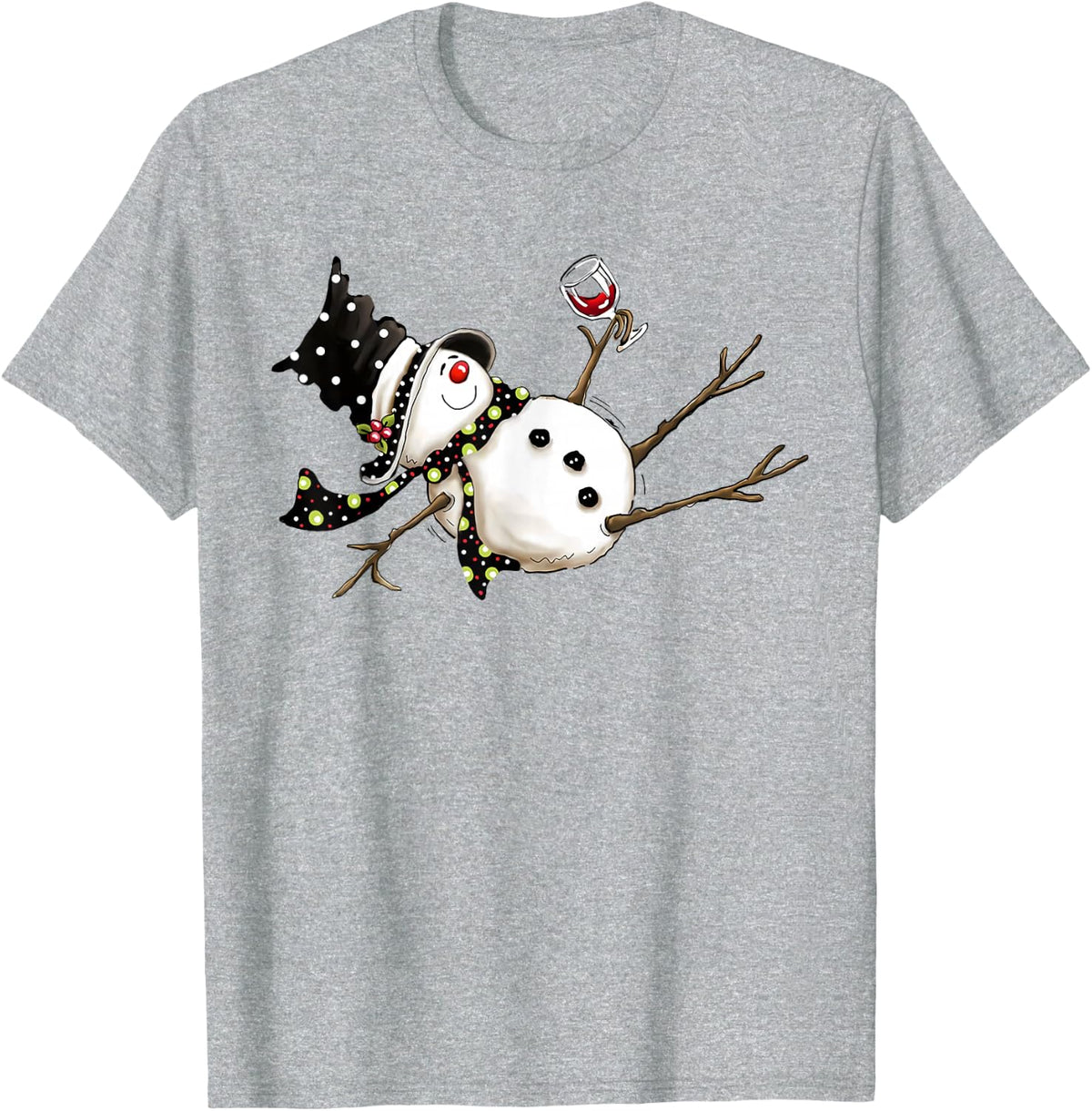 Funny Drunk Snowman Drinking Wine Glass Merry Christmas T-Shirt - Heather Grey