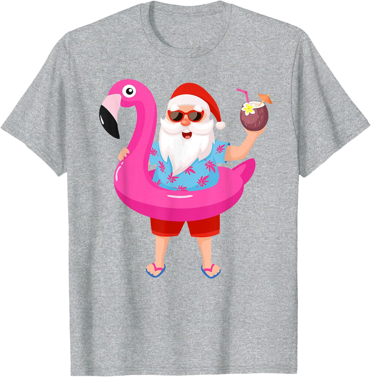 Christmas in July Santa hawaii Sunglasses Flamingo gifts T-Shirt - Heather Grey