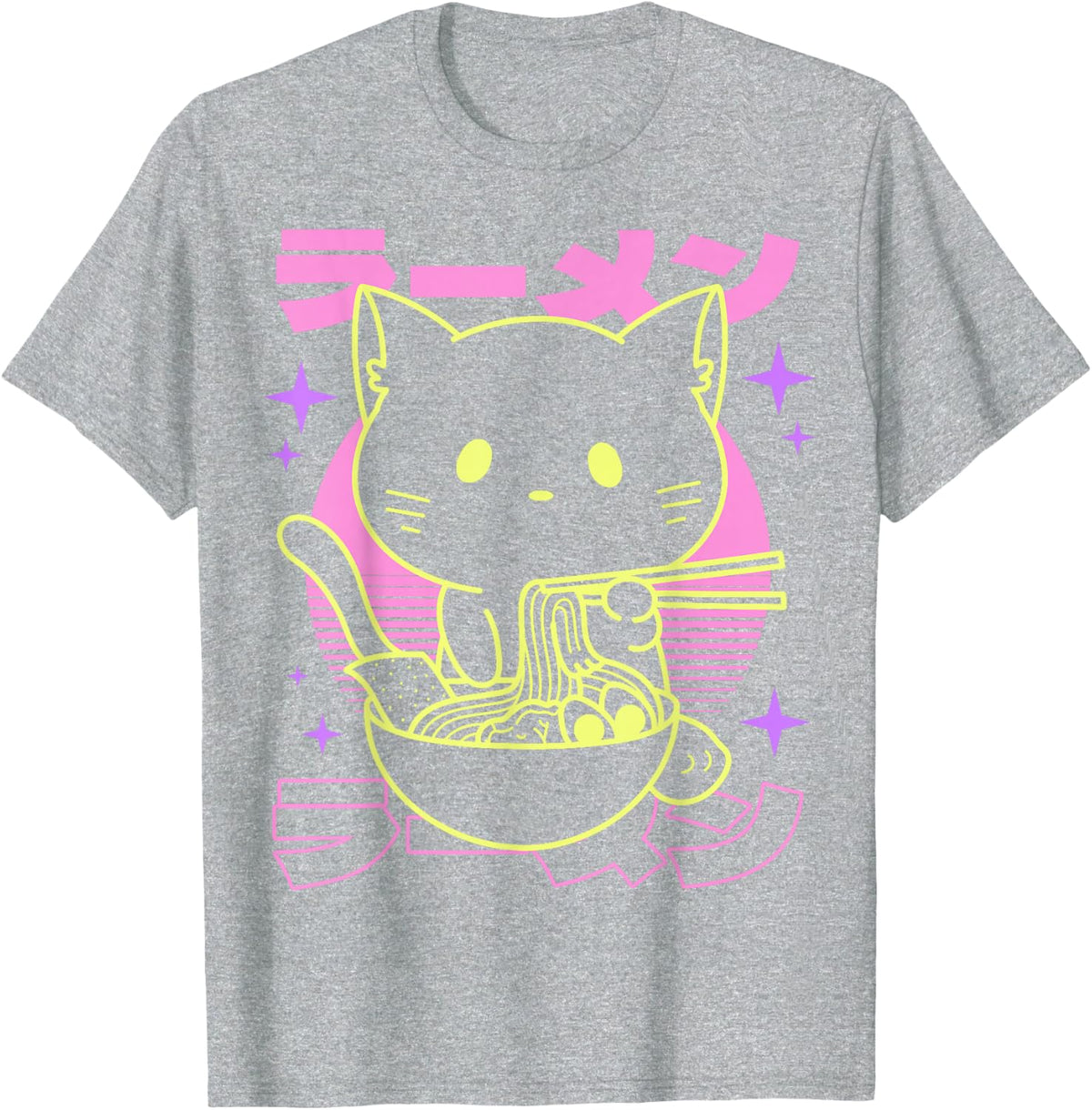 Anime Ramen Cat Japanese Retro Noodles Aesthetic Kawaii Cat Tee T-Shirt - Heather Grey