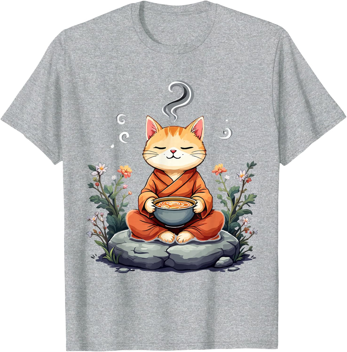 Kawaii Meditative Anime Cat Eating Ramen Japanese Men Women T-Shirt - Heather Grey