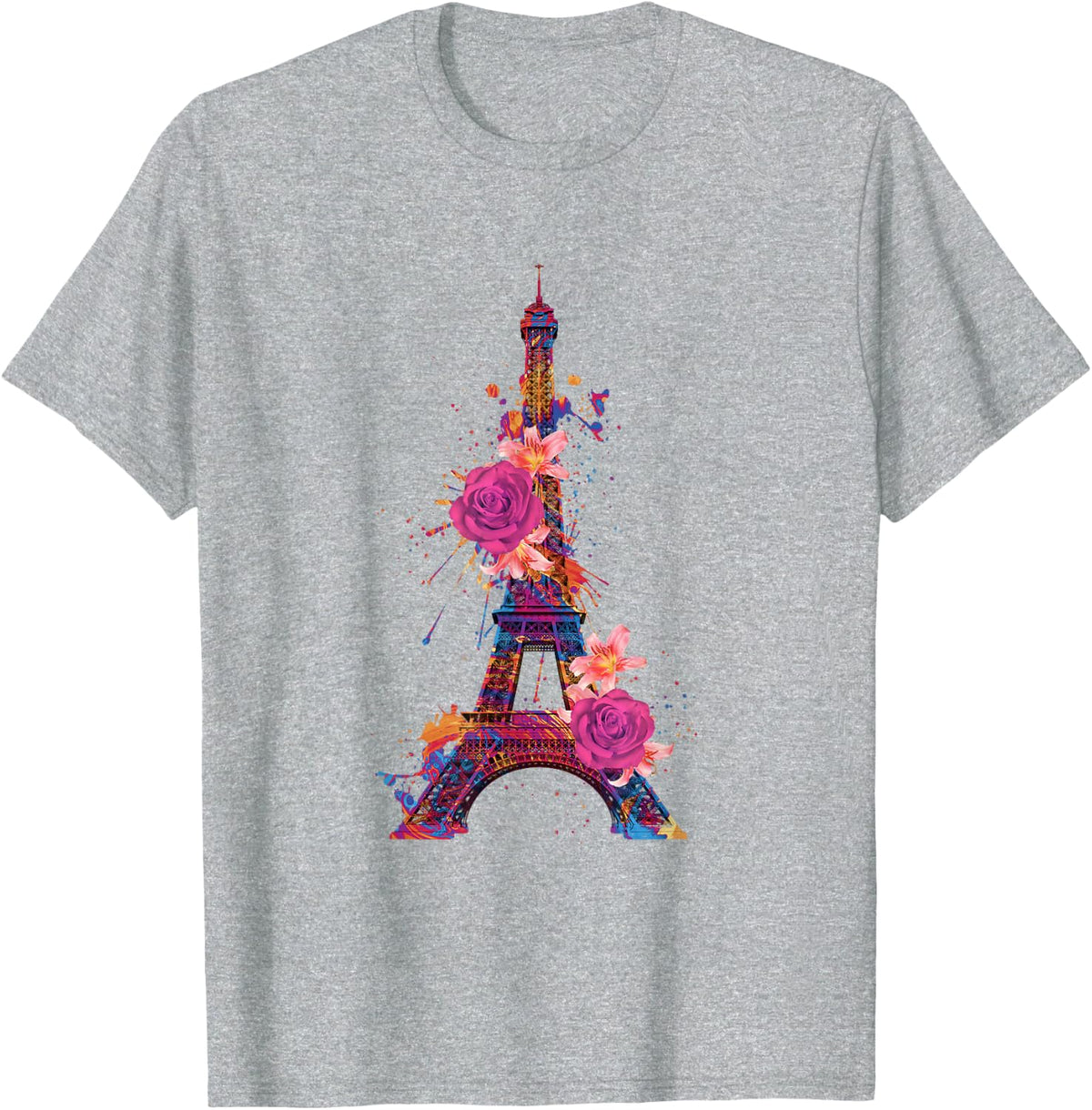 Paris Colorful Eiffel Tower with Rose France Souvenir French T-Shirt - Heather Grey