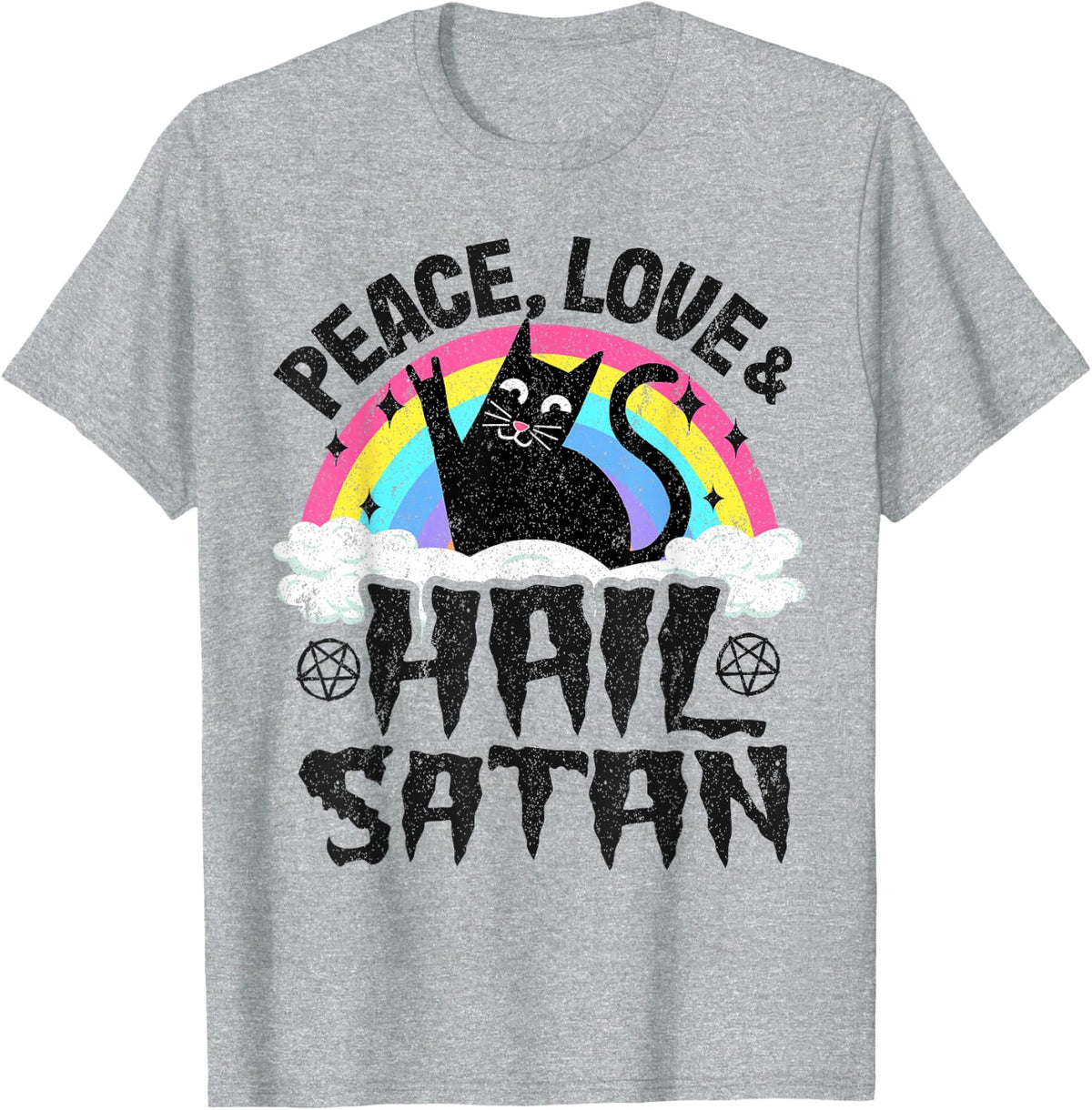 Peace Love & Hail Satan Cat Kids Punk Band Metal Rainbow T-Shirt - Heather Grey
