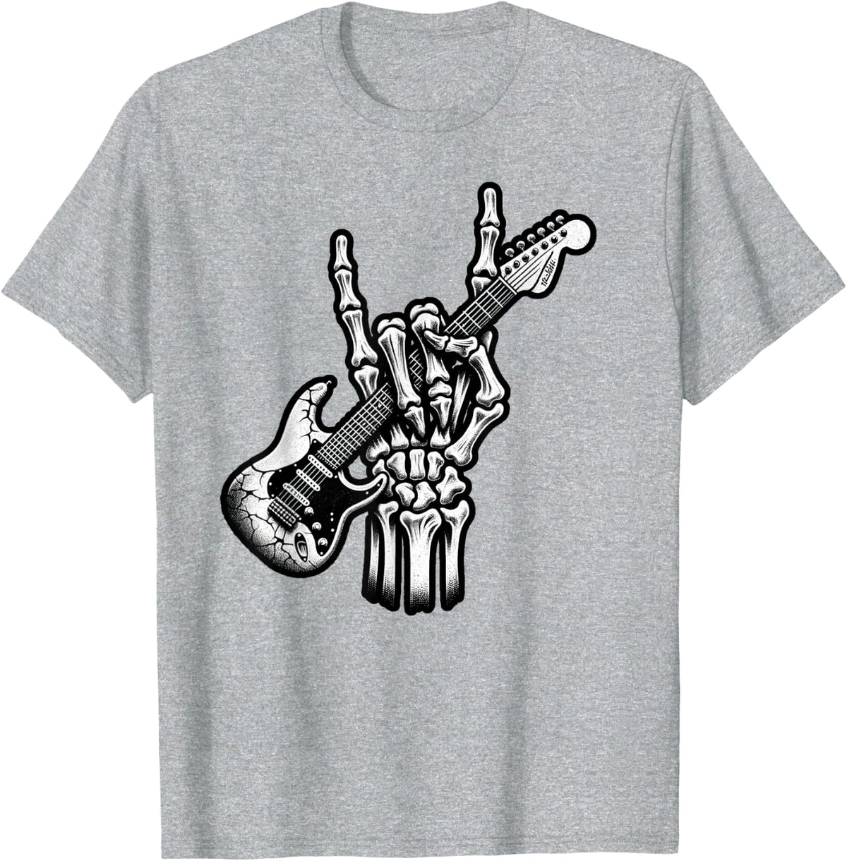 Funny Skeleton Electric Guitar Guitarist Rock Music Grunge T-Shirt - Heather Grey