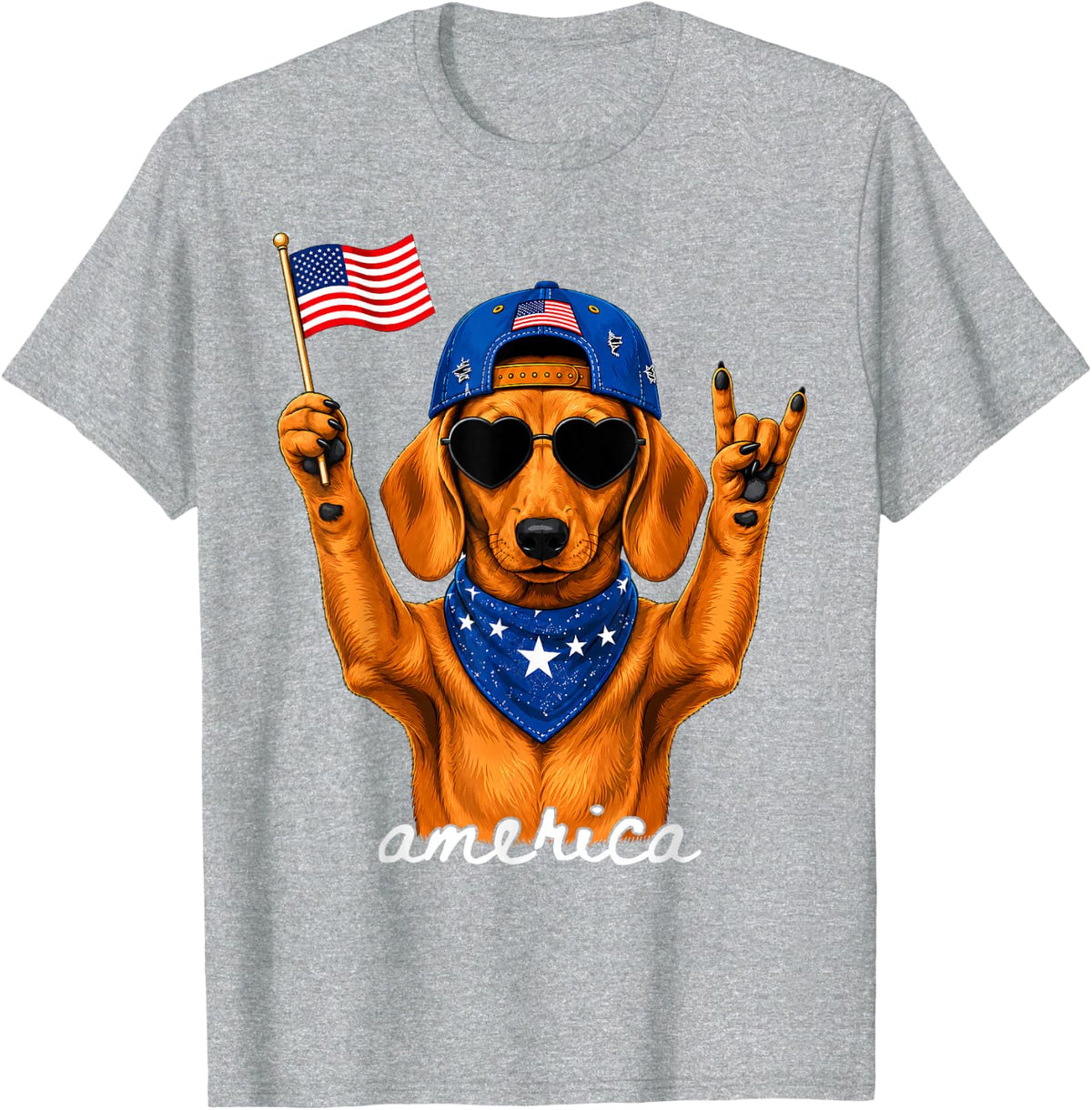 Funny America Dachshund Rock on American Flag 4th of July T-Shirt - Heather Grey