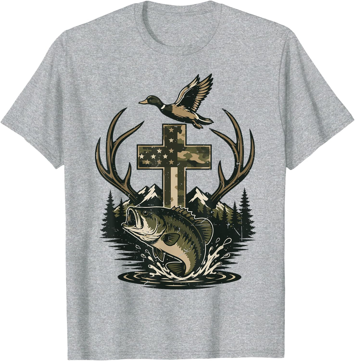 Youth Camo Faith Hunting Fishing Cross Christian Duck Boys T-Shirt - Heather Grey