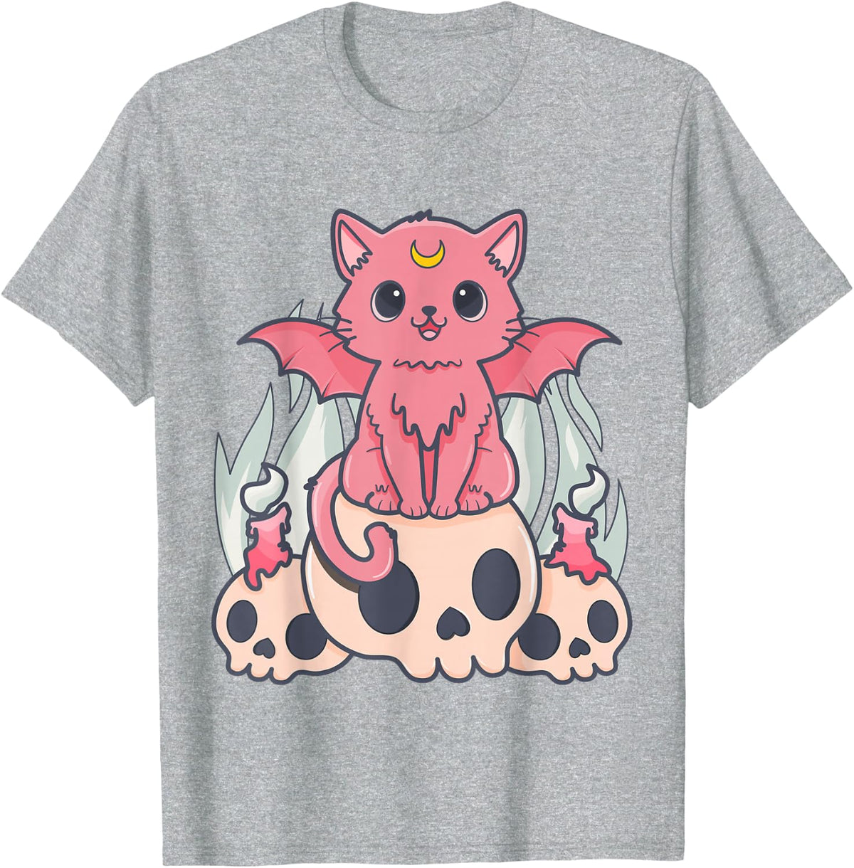 Kawaii Pastel Goth Cute Creepy Demon Cat and Skull Anime Art T-Shirt - Heather Grey