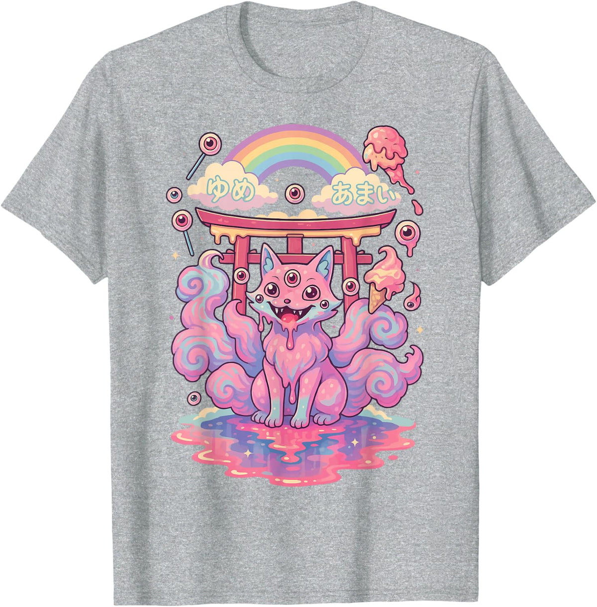 Kitsune Weirdcore Surreal Japanese Fox Kawaii T-Shirt - Heather Grey