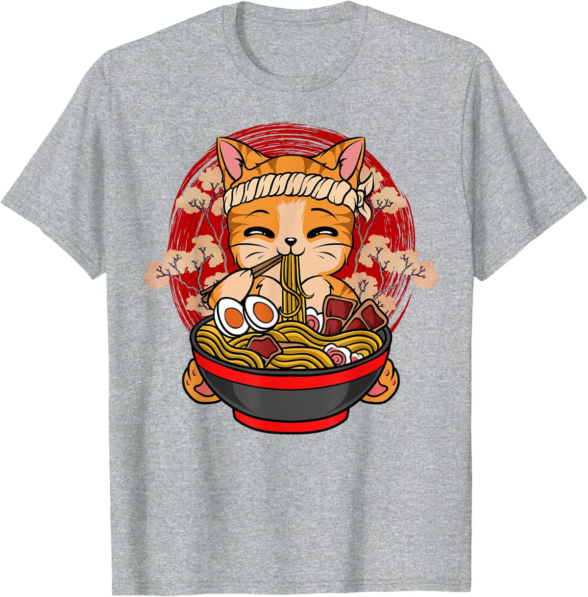 Cat Eating Ramen Shirt Kawaii Anime Japanese Noodles Funny Cat Tee T-Shirt - Heather Grey