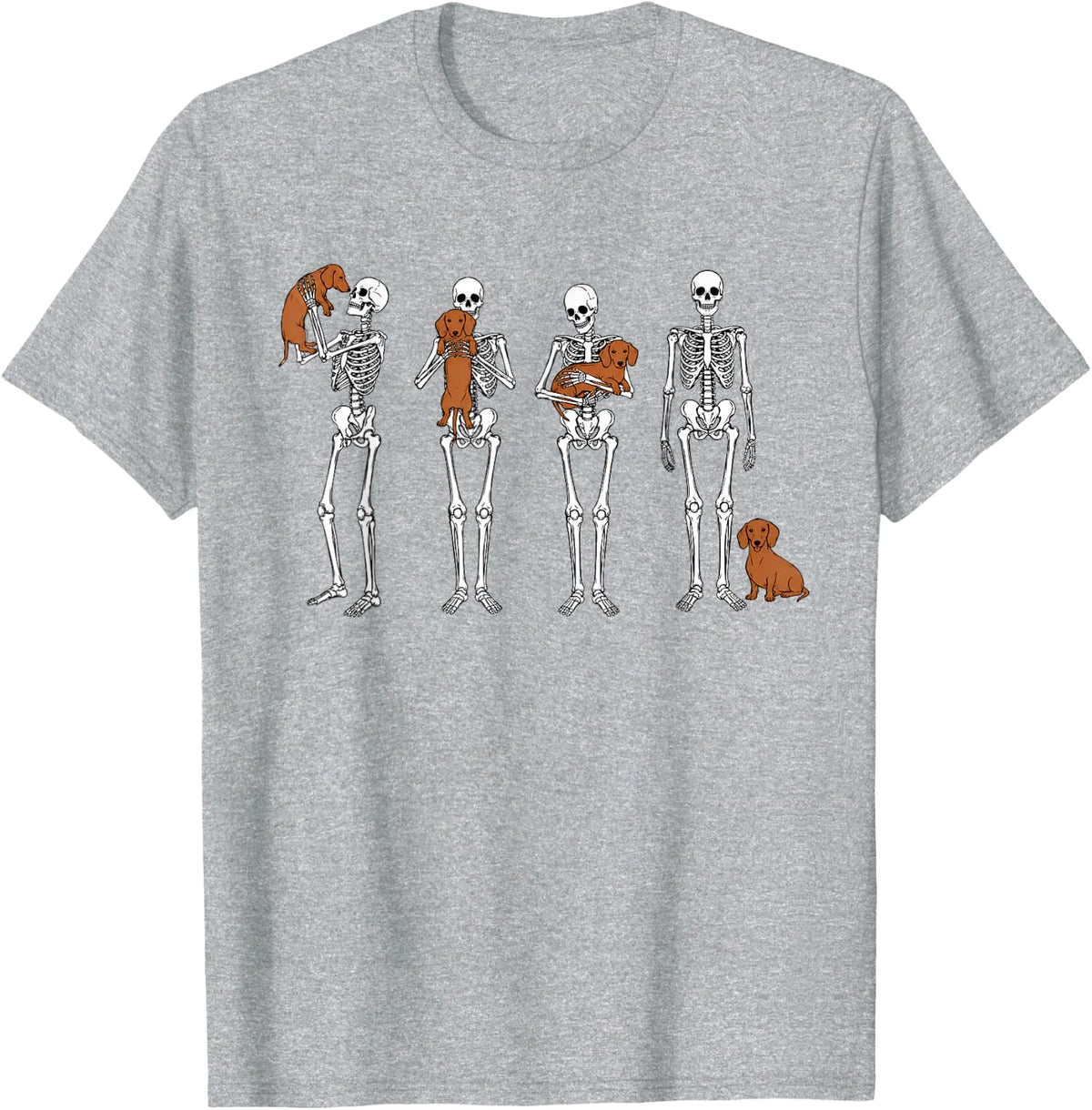 Skeleton Hugging Carrying Dachshund Wiener Halloween Dog T-Shirt - Heather Grey