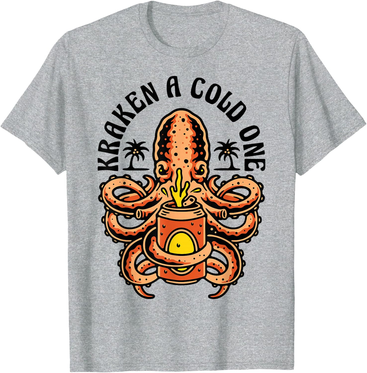 Island Beach Style Kraken a Cold One Octopus Beer Vacation T-Shirt - Heather Grey