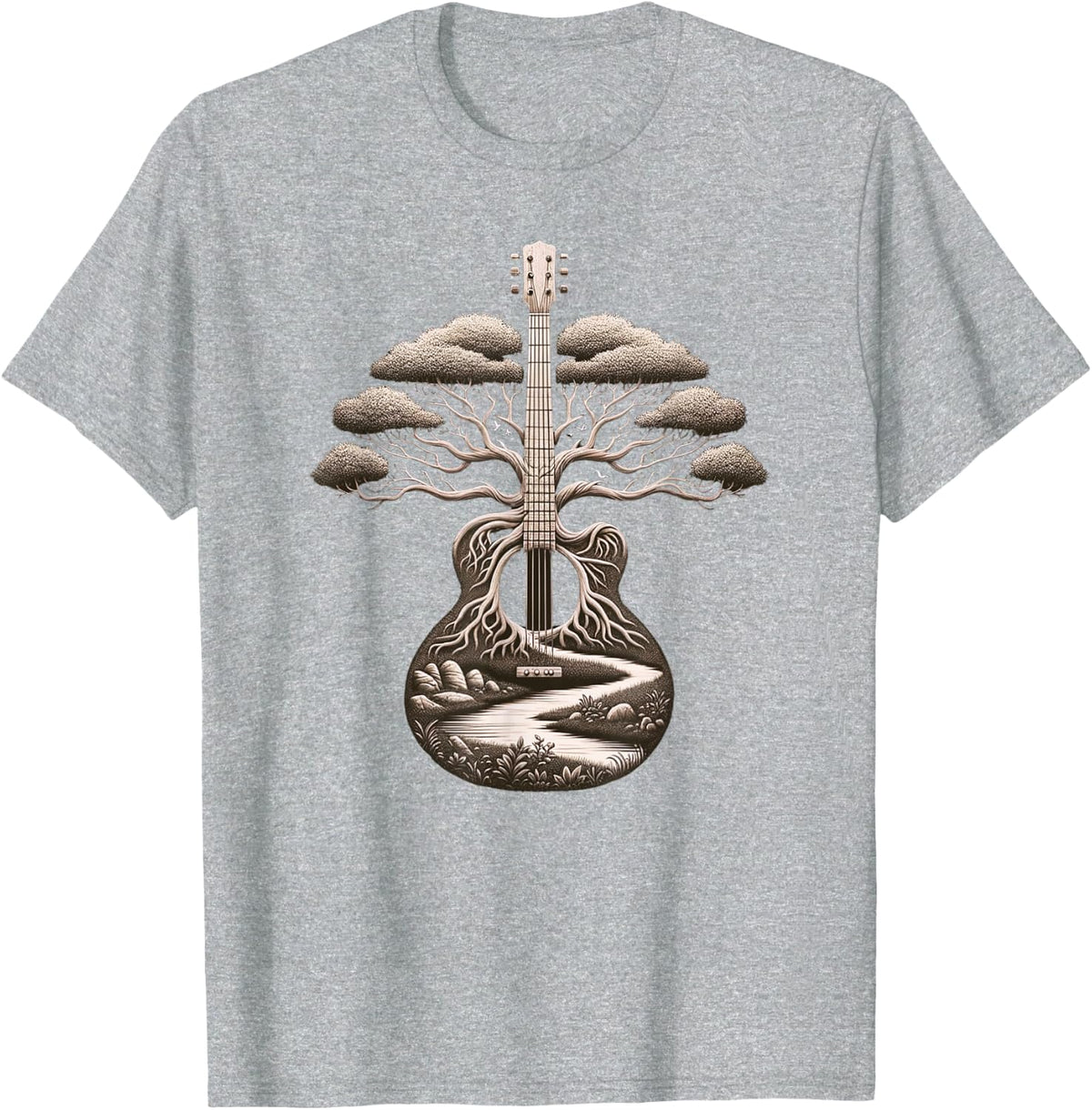 Acoustic Guitar Tree Nature Lover Guitarist Guitar Player T-Shirt - Heather Grey