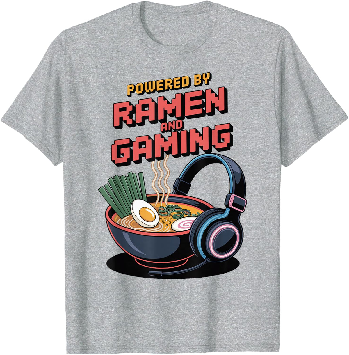 Gaming 8-Bit Pixel Art Powered By Gaming & Ramen Funny Gamer T-Shirt - Heather Grey