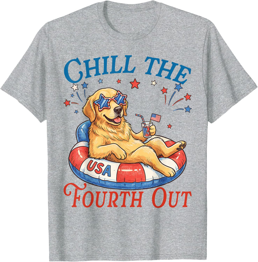 Chill The Fourth Out Golden Retriever Patriotic 4th of July T-Shirt - Heather Grey
