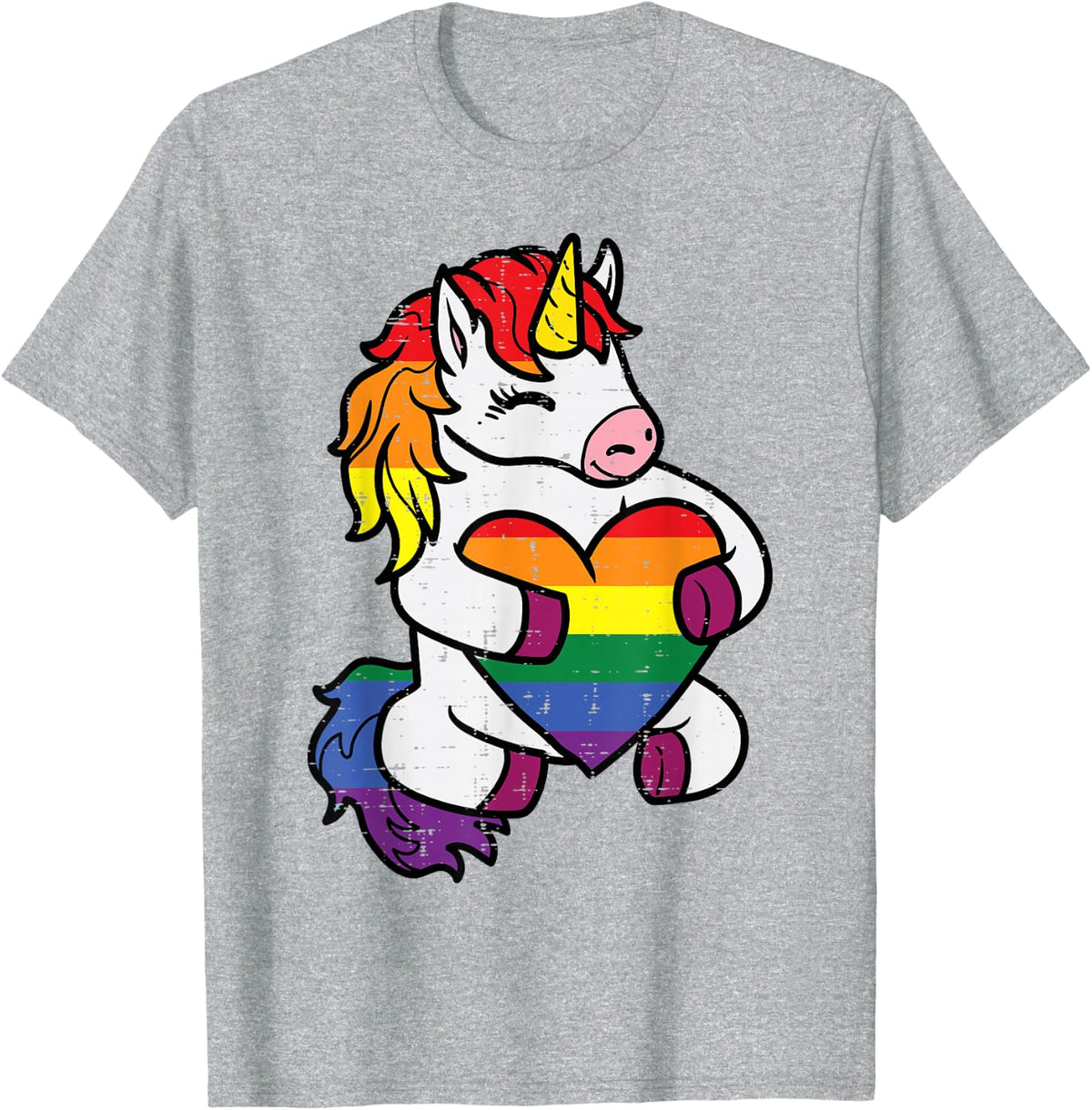 Gay Pride Unicorn Heart Rainbow Flag LGBT Women Girls Kids T-Shirt - Heather Grey