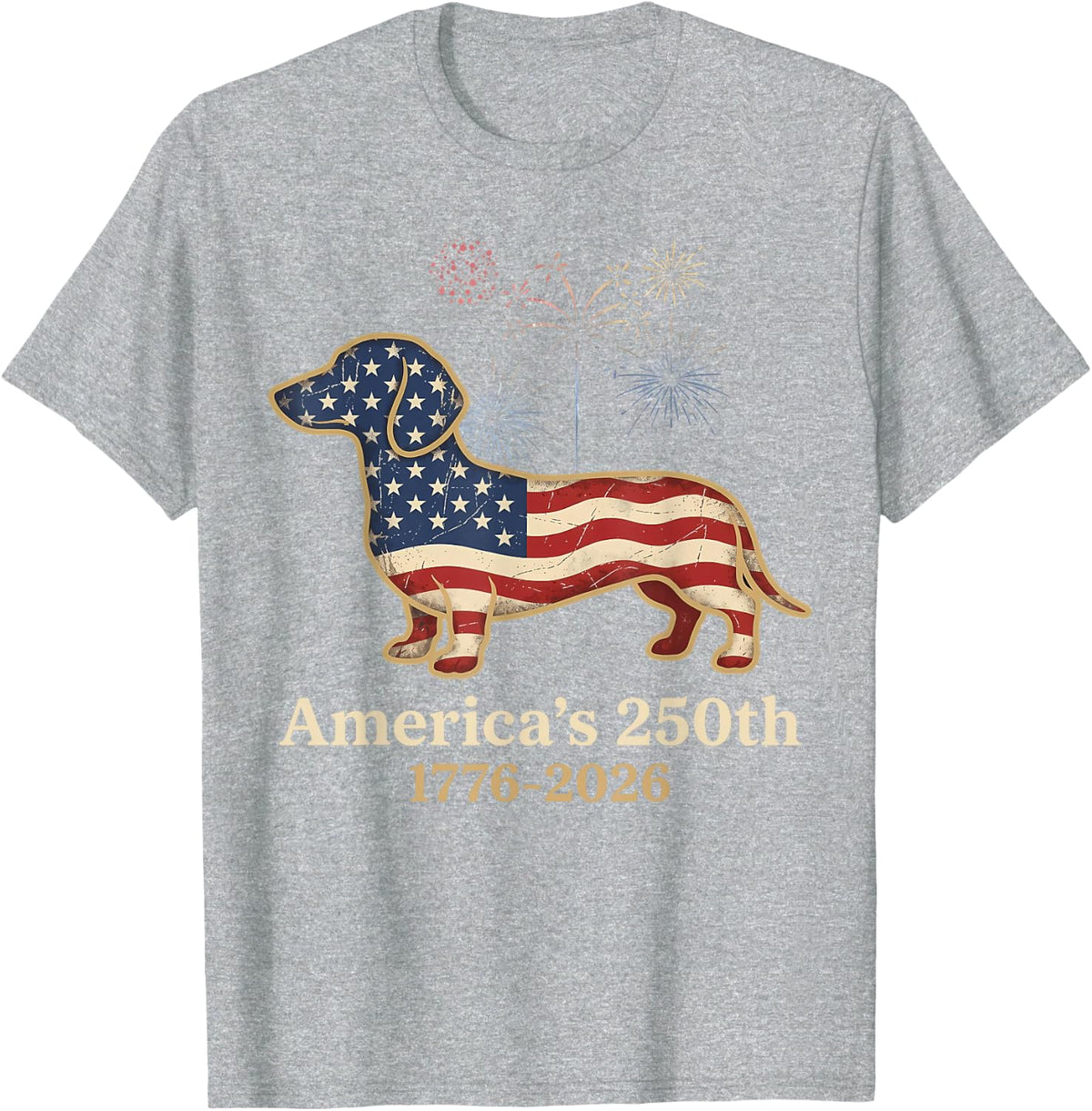 Dachshund 250th Patriotic Dog Fireworks Funny Wiener Dog T-Shirt - Heather Grey