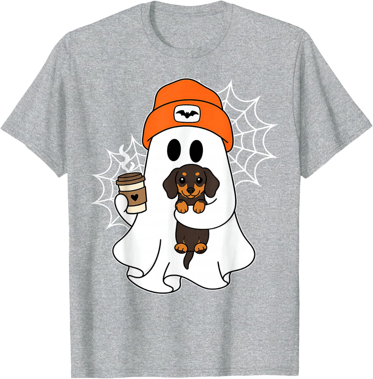 Ghost Dachshund Dog Lovers Coffee Halloween Spooky Season T-Shirt - Heather Grey