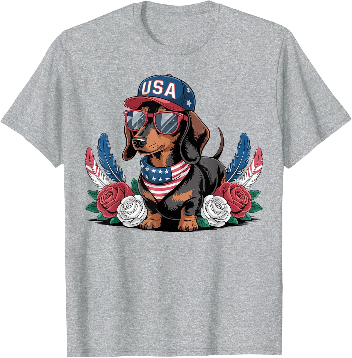 Patriotic Dachshund Dog USA Flag Sunglasses 4th of July T-Shirt - Heather Grey