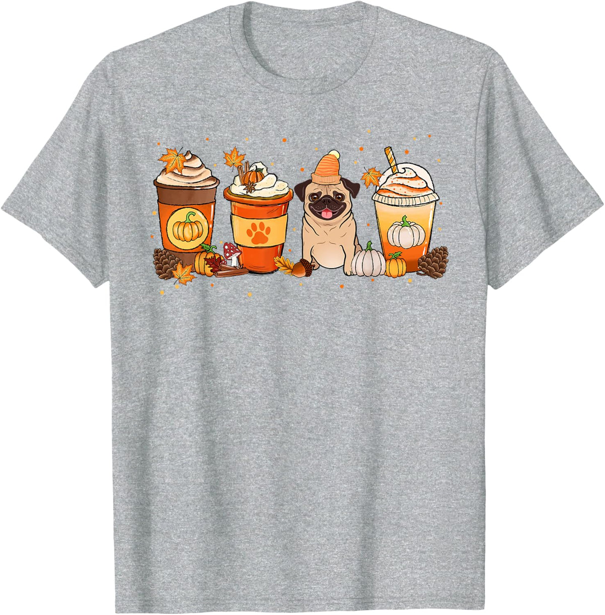 Pumpkin Spice Latte Pug Fall Autumn Tees T Shirts Thanksgiving - Heather Grey