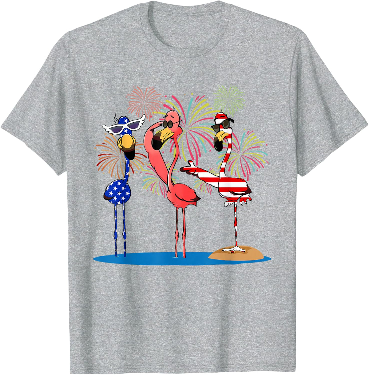 Flamingos and Fireworks Red White Blue 4th of July American T-Shirt - Heather Grey
