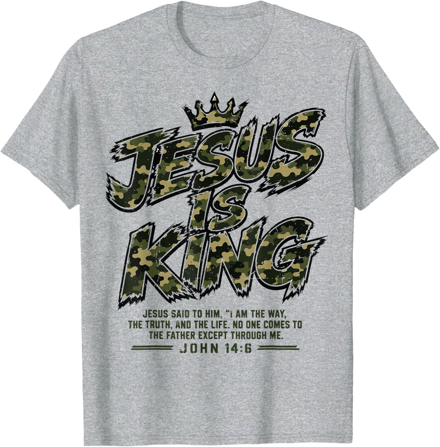 Youth Camo Christian Teen Boy Jesus is King Camouflage Faith T-Shirt - Heather Grey