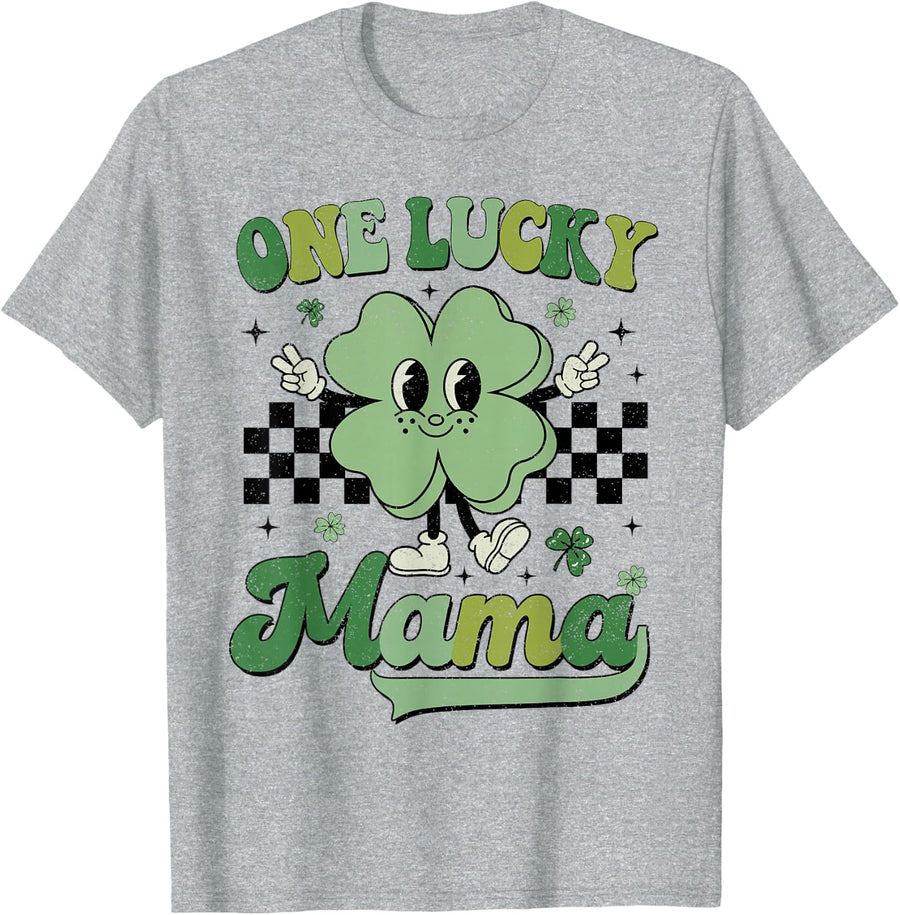 Retro Groovy St Patricks Day One Lucky Mama Hippie Shamrock T-Shirt - Heather Grey