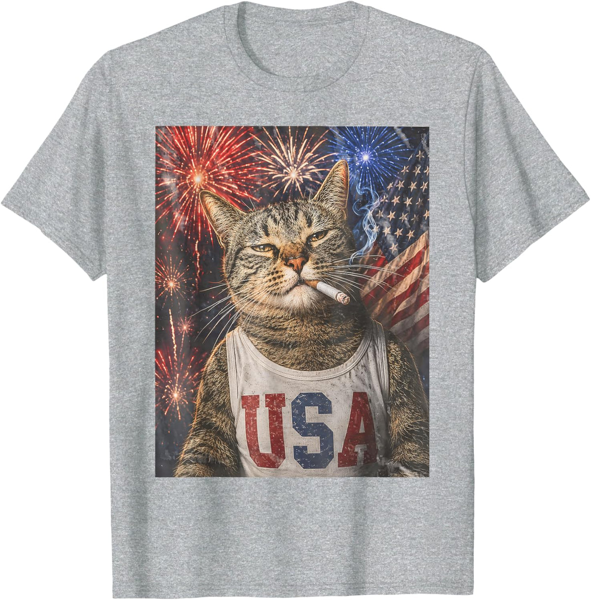 Funny Patriotic Smoking Cat Fireworks 4th of July USA Flag T-Shirt - Heather Grey