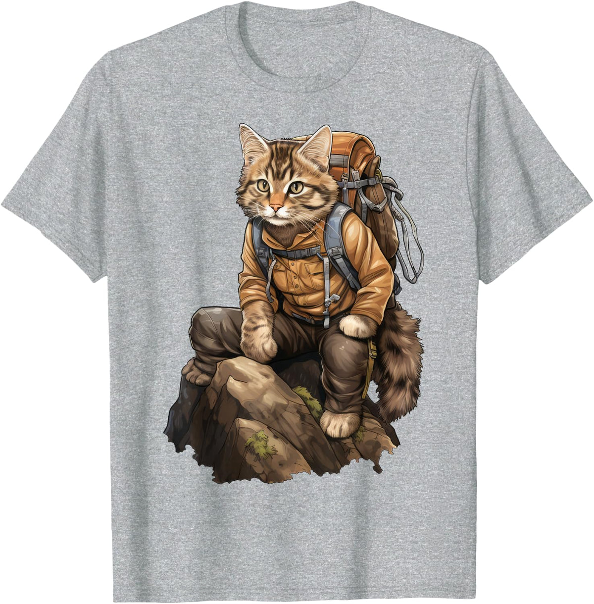 Cat Hiking / Mountaineering Cat T-Shirt - Heather Grey