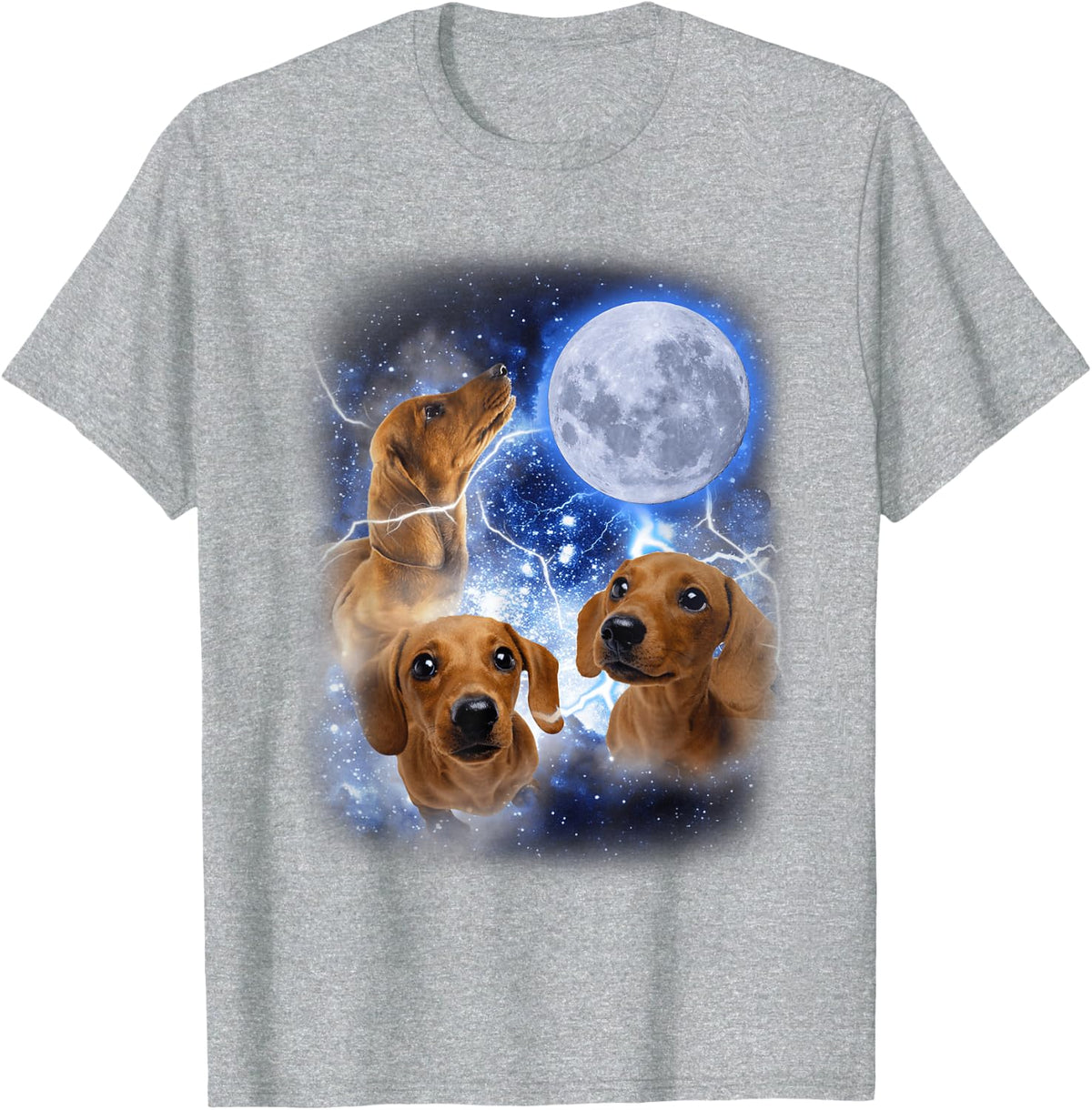 Three Dachshund Moon - Wiener Dog Humorous Doggo Meme Parody T-Shirt - Heather Grey