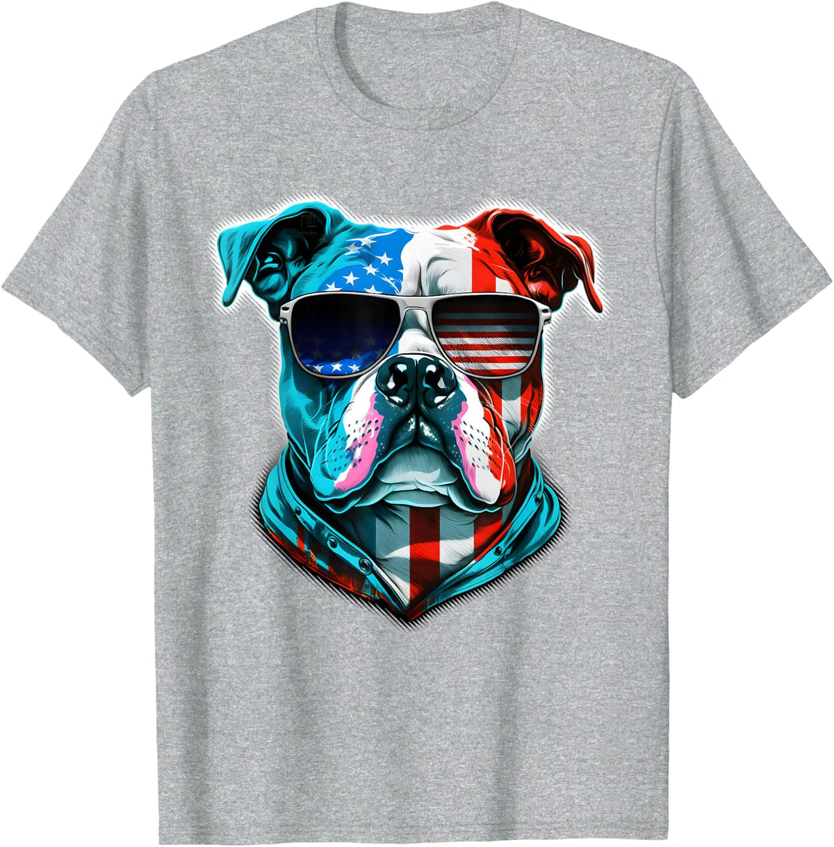 Bulldog Dog American Flag Sunglasses - Red/White/Blue T-Shirt - Heather Grey