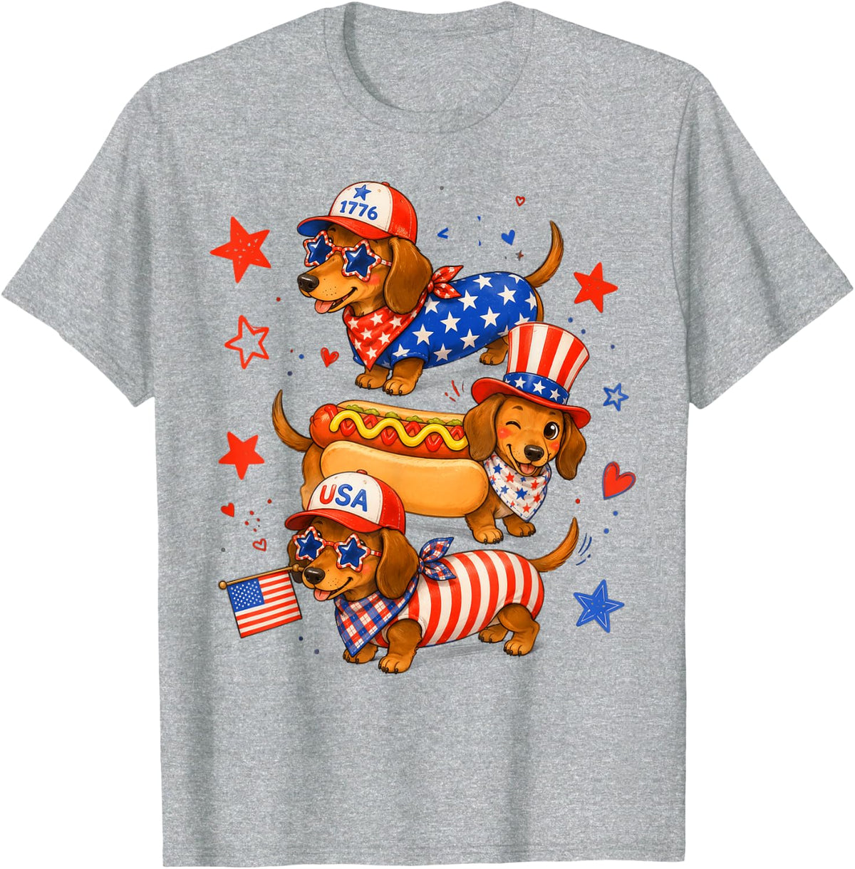Cute Patriotic Dachshund USA Flag Red White Blue Dog Design T-Shirt - Heather Grey