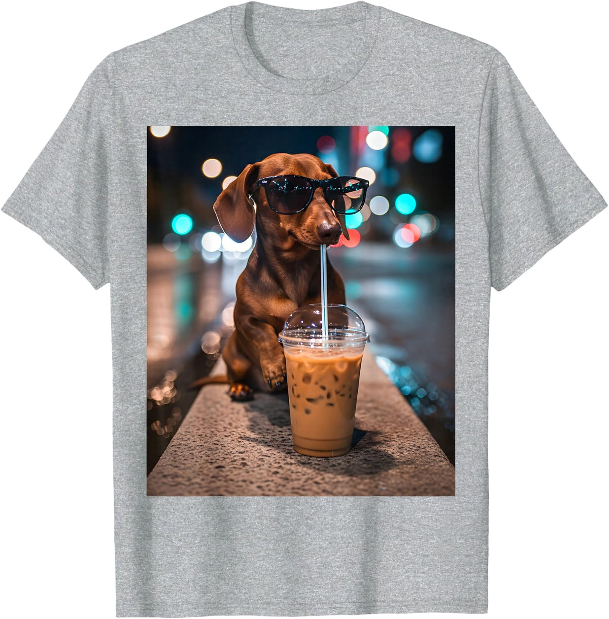 Cool Dachshund Drinking Iced Coffee Funny Wiener Dog T-Shirt - Heather Grey