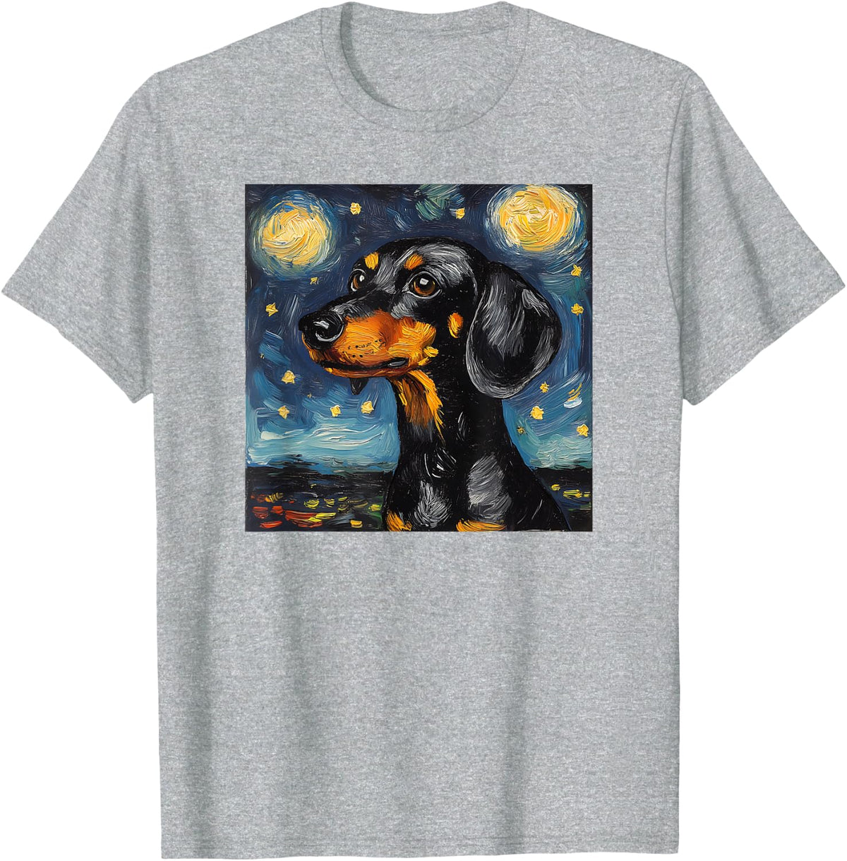 Cute Black and Tan Dachshund Starry Night Dog Art T-Shirt Tee for Dog Lovers - Heather Grey