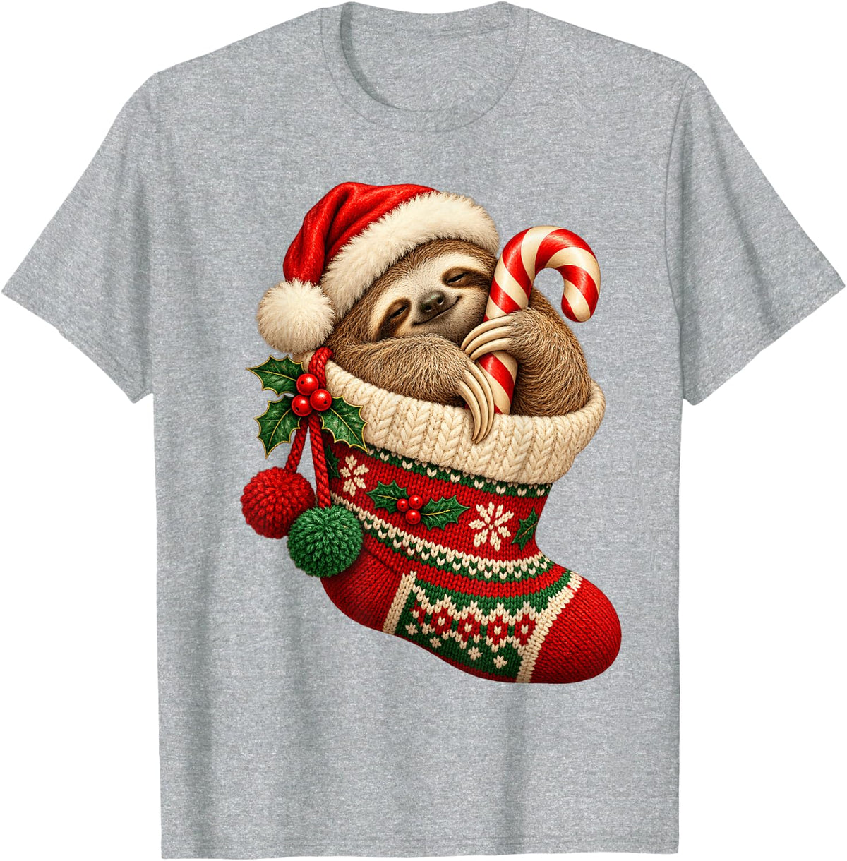 Cute Christmas Sloth in Stocking Santa Hat Candy Cane T-Shirt - Heather Grey