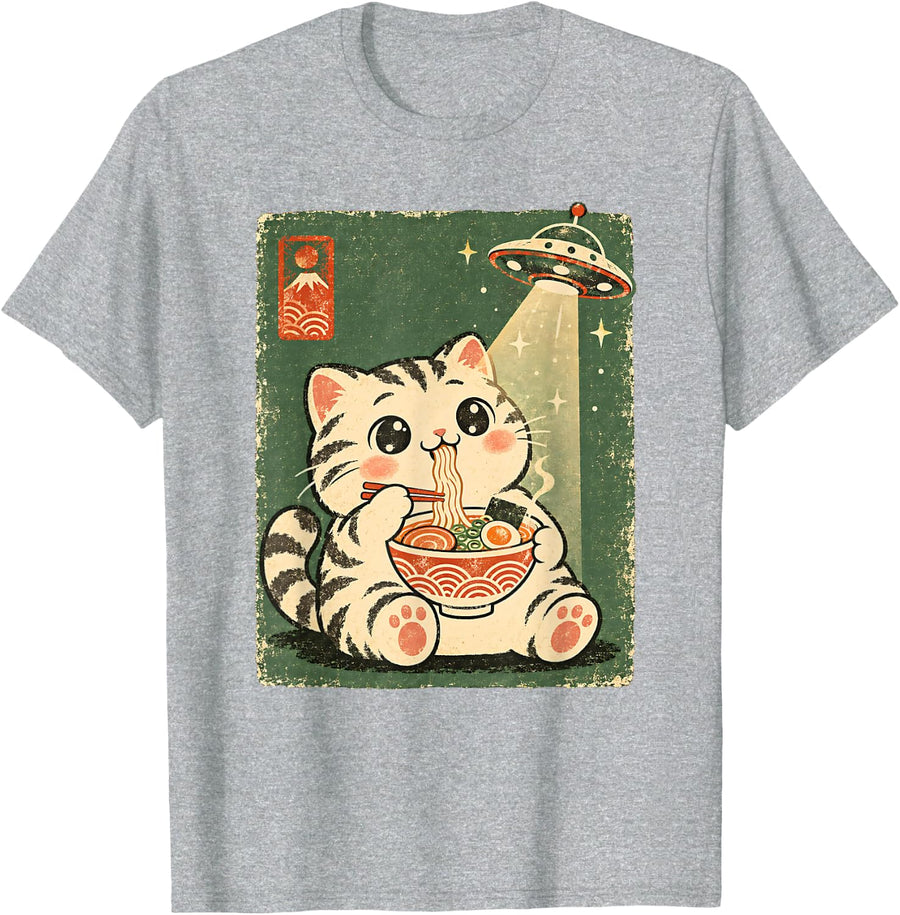 Vintage Japanese Cat Eating Ramen Lovers UFO Alien Abduction T-Shirt - Heather Grey