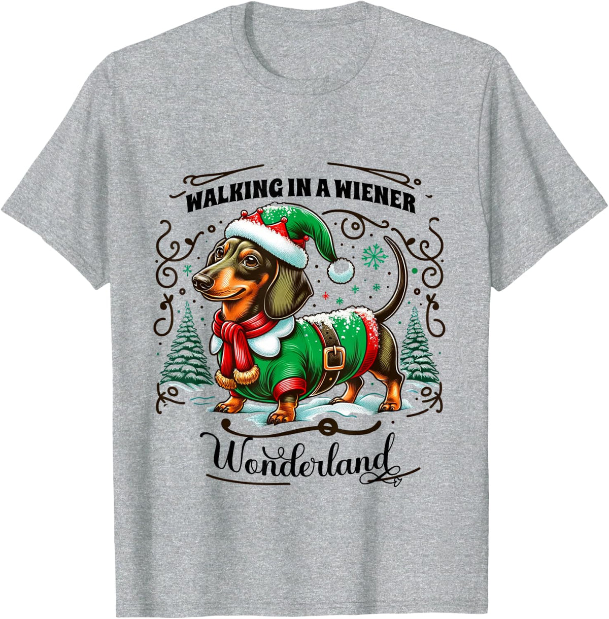 Dachshund Christmas Walking in A Wiener Wonderland Cute Dog Men Women Kids T-Shirt - Heather Grey