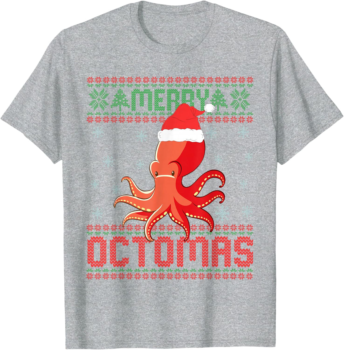 Merry Octomas Funny Octopus Ugly Christmas Sweater Sea Fish T-Shirt - Heather Grey