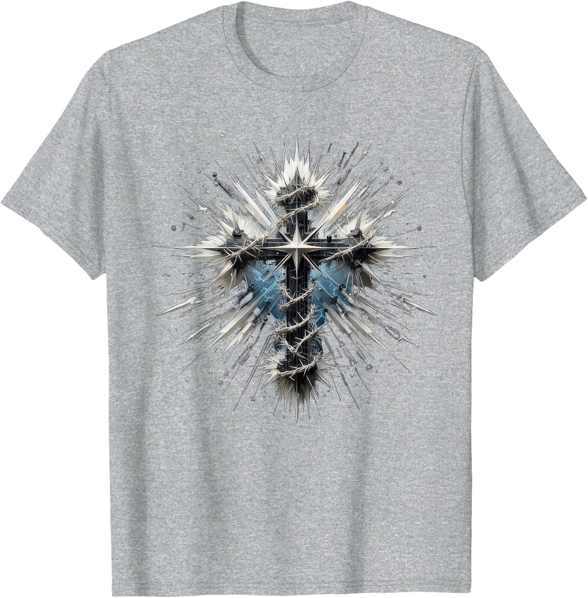 Christian Cross Punk-Art Style Distressed Crown of thorns T-Shirt - Heather Grey