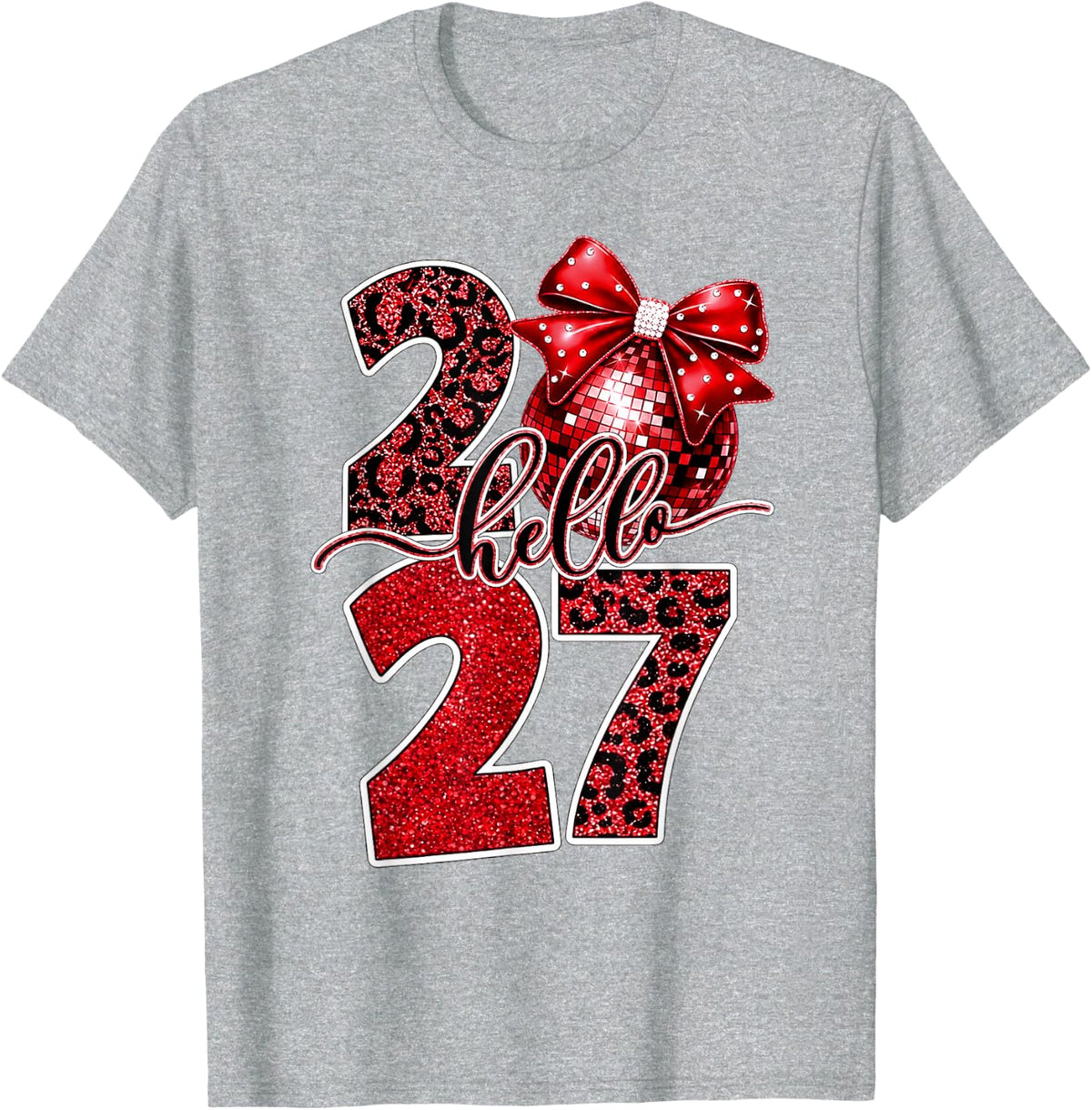 Bold Red Leopard Print Bow 2027 New Year's Eve Family Party T-Shirt - Heather Grey